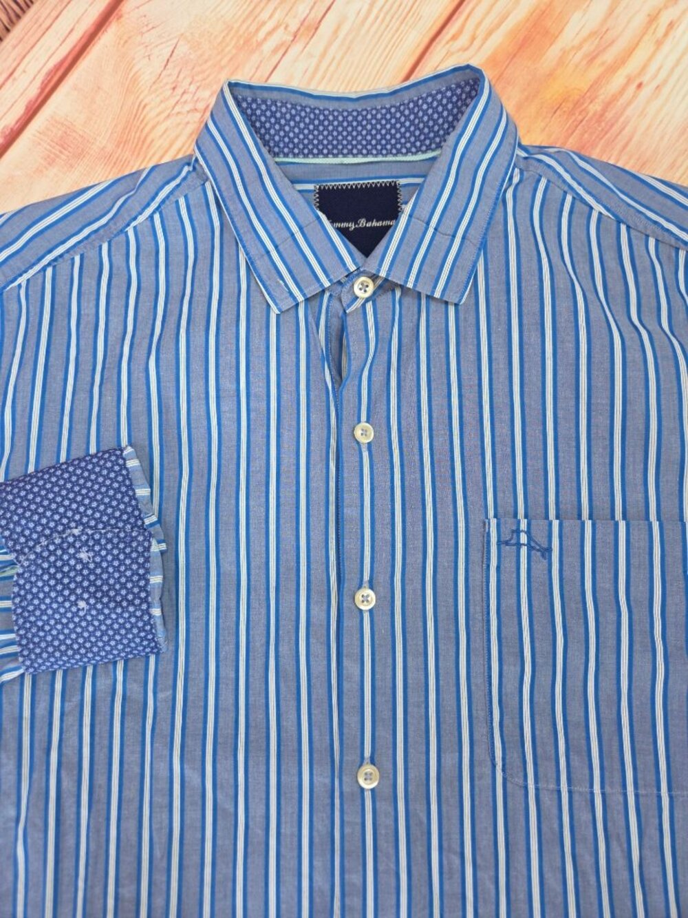 Tommy Bahama Mens Blue Striped Long Sleeve Shirt Large Pima Cotton